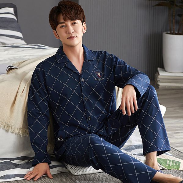 

men's sleepwear spring autumn 100 cotton pajamas for casual plaid pajama sets plus size 4xl long sleeve comfortable pijama 230202, Black;brown