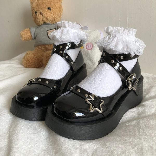 

dress shoes lolita shoes platform mary jane shoes star buckle strap mary janes women cross-tied pu leather girls rivet casual shoes kawaii 2, Black