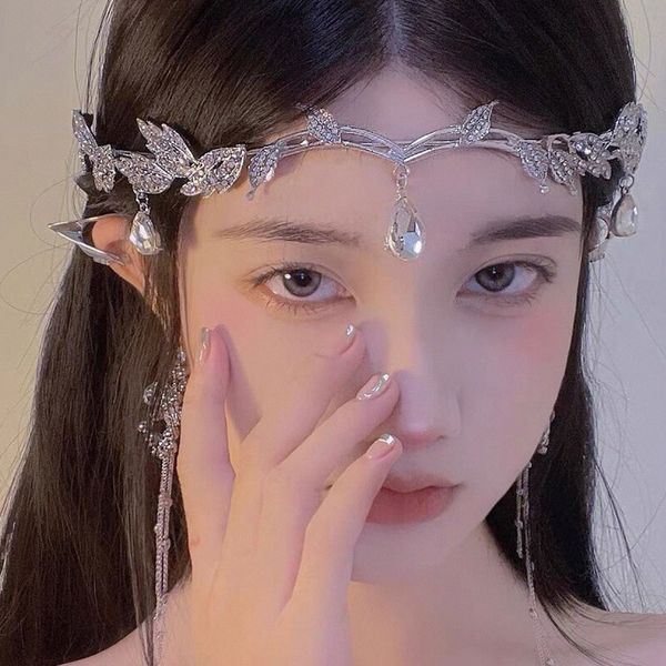 

wedding hair jewelry crown leaves waterdrop tiara accessories ladies artificial party princess elf 230202, Slivery;golden