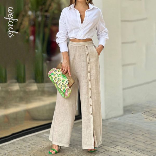

womens two piece pants wefads women set casual fashion lapel solid long sleeve nipped waist loose wide legs sets 230202, White