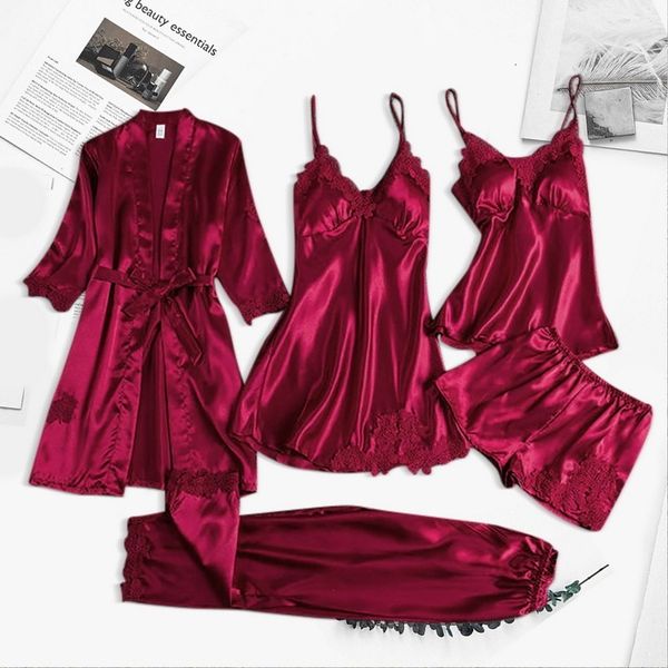 

pyjamas 5 suit ms silk pajamas leisurewear nightdress female bud silk pajamas suits spring and summer 230202, Red;black
