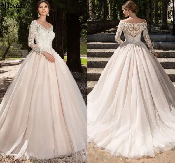 

plus size long sleeves ball gown wedding dresses vintage appliqued lace princess v neck vestidos de novia sweep train buttons back boho coun, White
