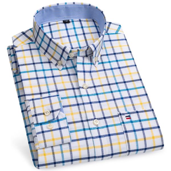 

men's casual shirts 100 cotton long sleeve plaid checkered single patch pocket standardfit buttondown striped oxford shirt 230202, White;black