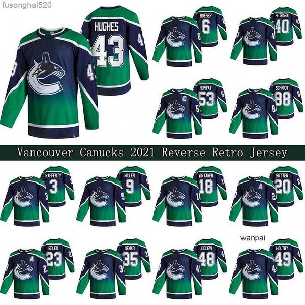 

2023 quinn hughes vancouver canucks 2021 reverse retro jersey 40 elias pettersson 53 bo horvat 88 nate schmidt 49 holtby hockey jerseys, Black;red