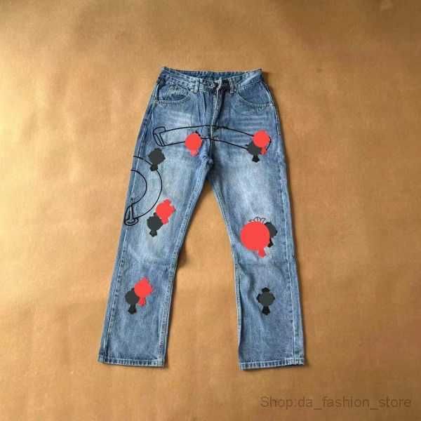 

print designer men jeans cross-skin washed jean chromeheart with high waist mens lovers chromees loose rework process chrome 43size 28-36, Blue