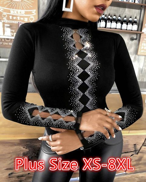 

women's t-shirt womens fashion summer autumn diamond diamonds t-shirt femme studded sheer mesh long sleeve loose slim pullover 230203, White