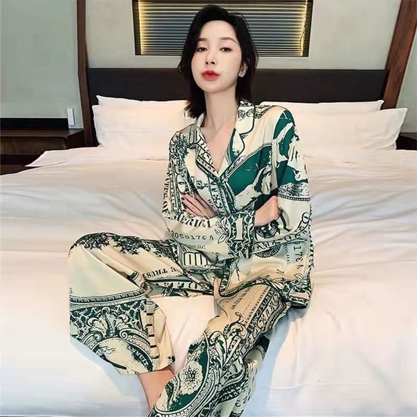 

women's sleepwear luxury pajamas summer fashion print cardigan pijama ice silk comfortable loungewear elegant pajama sets 230203, Black;red