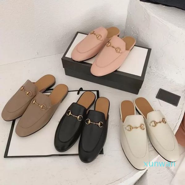 

2023 Designer Princetown Slippers Genuine Leather Mules Women Loafers Metal Chain Comfortable Casual Shoe Lace Slipper, Color a10