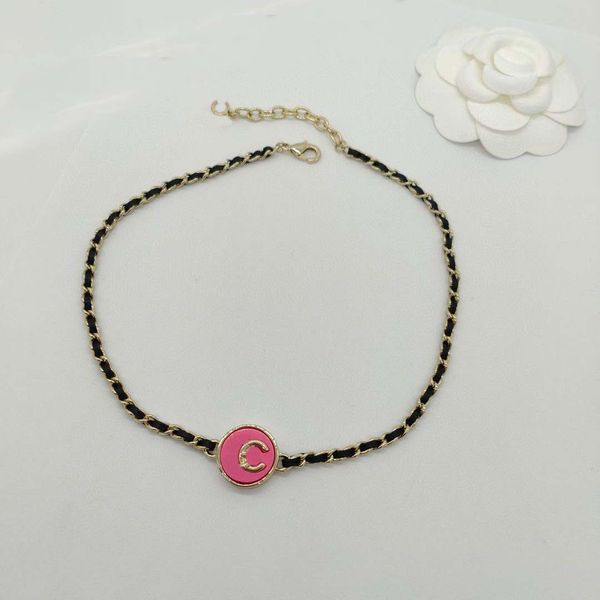 

2023 luxury quality charm stud earring with pink color design pendant necklace with black genuine leather have box stamp ps7539a, Silver