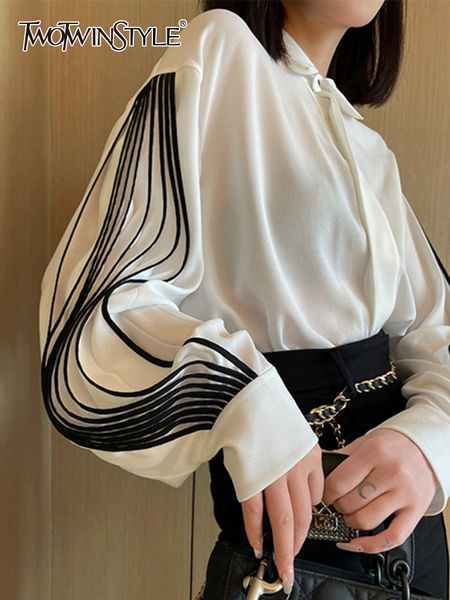

women's blouses shirts twotwinstyle straight patchwork shirt for women lapel lantern sleeve colorblock loose blouses female clothing st, White