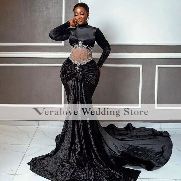 

black dress formal occasion evening dresses for wpmen 2023 velvet long sleeves african party dress mermaid prom gowns