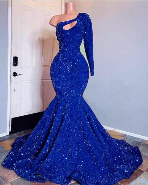 

one shoulder mermaid prom dresses with sweep train royal blue sequins appliques long party dress robe de demoiselle d honneur evening prom g, Black
