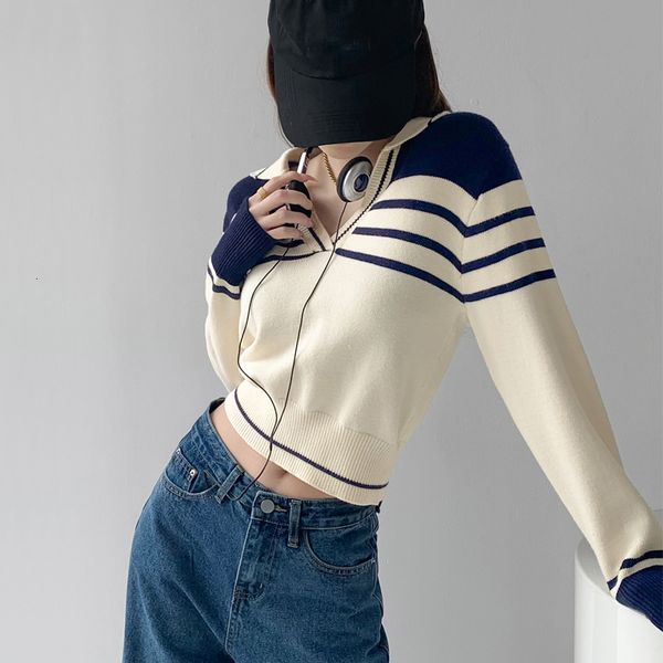 

women's sweater open collar striped knit jumper ted stripe 230203, White;black