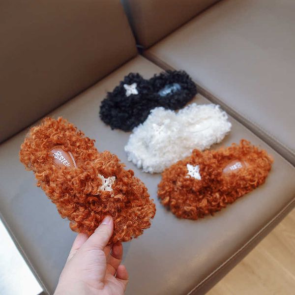 

slipper girls cotton slippers 2022 winter new plush korean style open-toe solid color star versatile indoor slip-on shoes simple casual 0203, Black;grey
