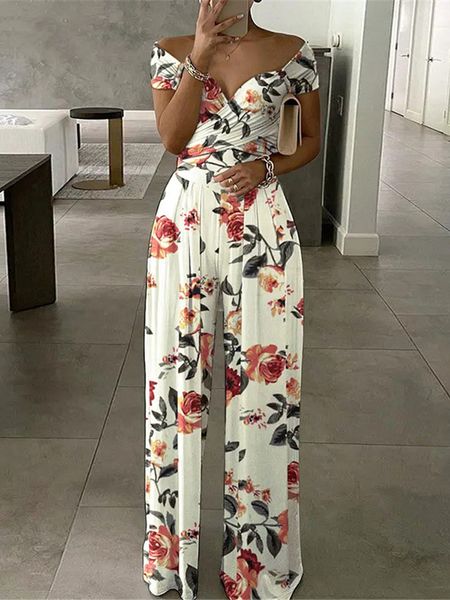 

women's jumpsuits rompers summer jumpsuit women high waist short sleeve long jumpsuit women fashion oversize plants print v-neck wide l, Black;white