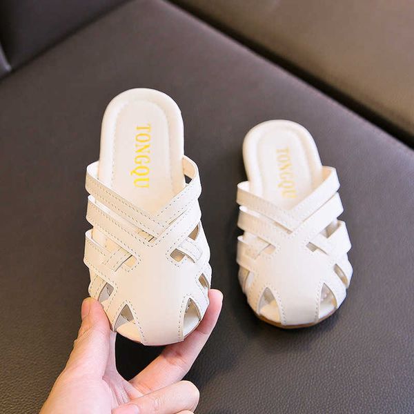 

slipper fashion summer covered-toes princess slippers slides weave cut-outs sweet soft leather sandals for big girls kids children 0203, Black;grey