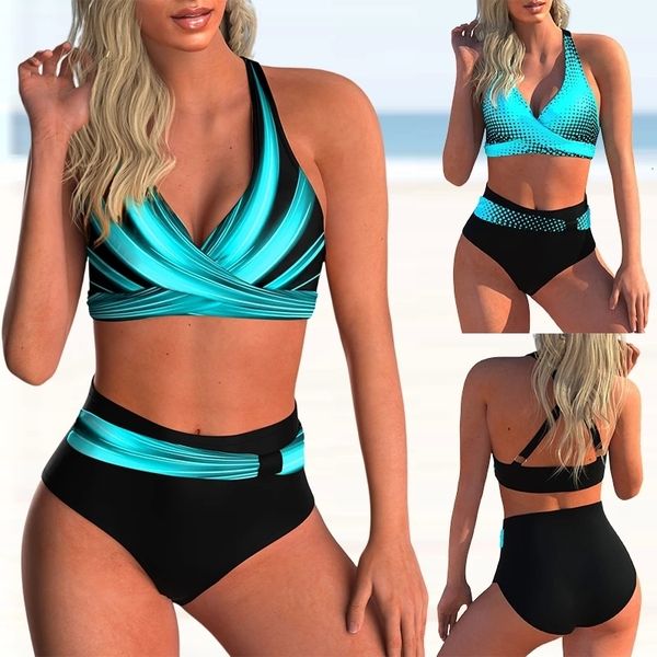 

women's swimwear women bikini set 2023 summer high waist push up floral print female beach halter backless two pieces swimsuit 230203, White;black