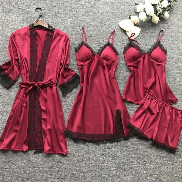 

women's sleepwear women pajamas sets satin silk 4 pieces nightwear pyjama strap lace sleep lounge pajama with chest pads 230203, Black;red