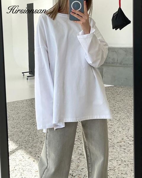 

women's t-shirt hirsionsan basic cotton long sleeves t shirt women oversized solid split woman clothing casual bottom shirts female 230, White