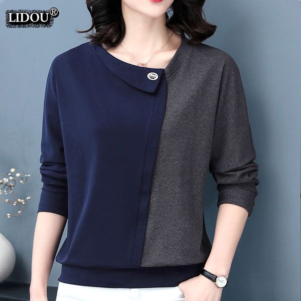 

women's t-shirt office lady fashion casual patchwork color skew collar skinny long sleeved t-shirts elegant comfortable wild women clot, White