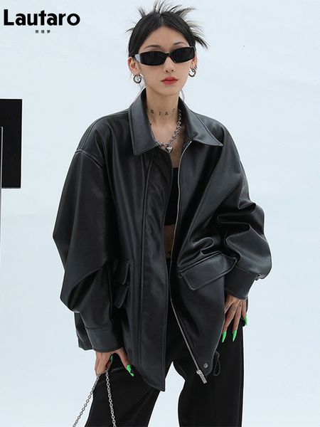 

women's leather faux lautaro spring autumn oversized casual waterproof black soft pu jacket women with drop shoulder long sleeve fashio