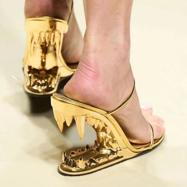 

high heeled sandals slope heel slippers leather belt combination unique shoes 11cm summer barefoot height luxury designer shoe metal teeth d, Black