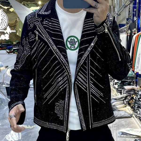 

men's jackets luxury drill jacket men jaqueta bomber diamond coat fashion rhinestones punk club outfit slim, Black;brown
