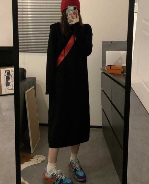 

hooded knitted dress for women autumn and winter lazy wind mid length inner wear, Black;gray