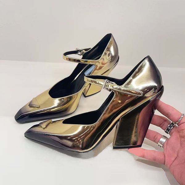 

formal shoes gradient women's leather thick heel classic triangle decoration small square mary jane shoes black pumps luxury designer o