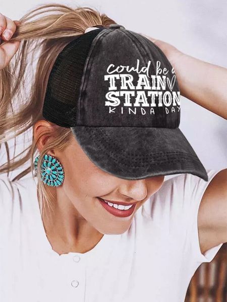 

ball caps baseball cap crisscross tail hat for women distressed messy bun trucker hats could be a train station kinda day 230203, Blue;gray