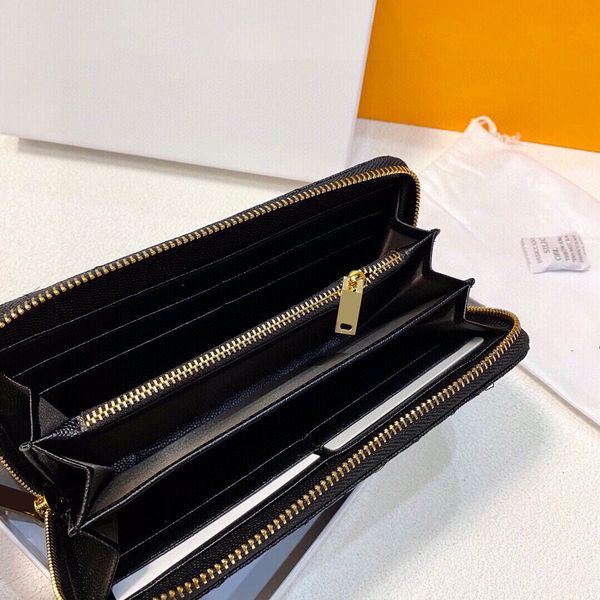 

womens black caviar leather long wallet bags with zipper calfskin genuine leather card holder multi pochetee gold metal clutch purse 19x10cm, Red;black