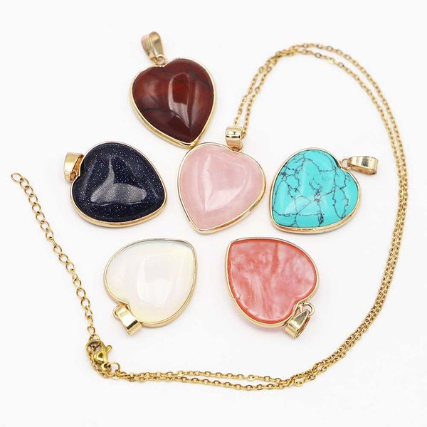 

natural stone necklaces multicolor healing gold edged heart shaped gemstone pendants reiki charms fashion diy jewelry accessorie, Silver