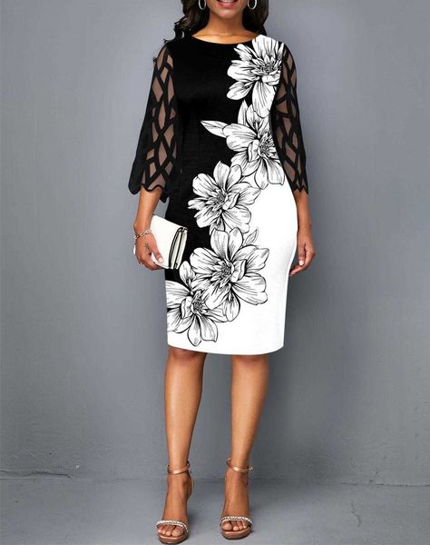 

large size womens clothing autumn dress lace sleeve floral 3 4 a line skirt, Black;gray