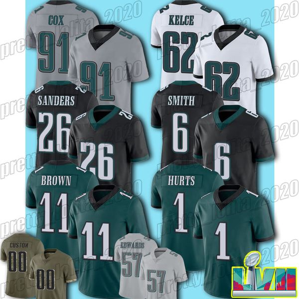 

1 jalen hurts jason kelce football jersey devonta smith aj brown miles sanders fletcher cox jerseys philadelphias eaglees haason reddick tj, Black;red