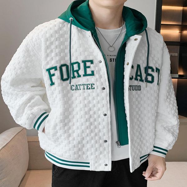 

men's jackets 2023 spring men's hooded varsity jacket streetwear fashion fake 2 in 1 single breasted casual windbreaker loose lett, Black;brown