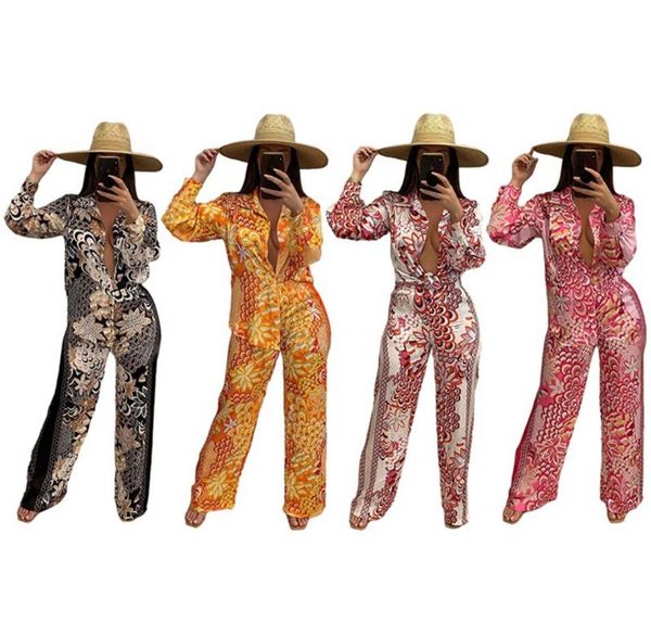 

yy6529 european and american women's pants two-piece vintage printed fashion shirt suit, White