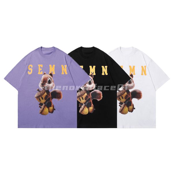 

design luxury mens t shirt cartoon squirrel letter print round neck short sleeve loose t-shirt casual black white purple, White;black