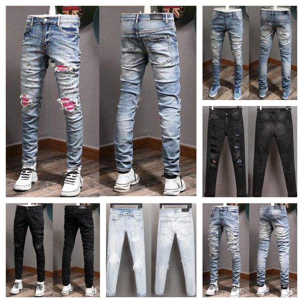 

designer mens jeans denim amiri embroidery pants fashion holes trouser hip hop distressed zipper trousers for male 11mu#, Black