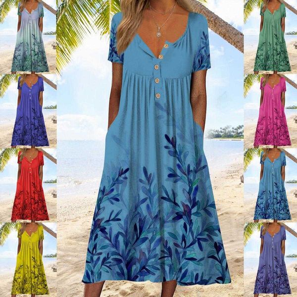 

summer womens clothing casual dresses floral round neck midi straight dress, Black;gray