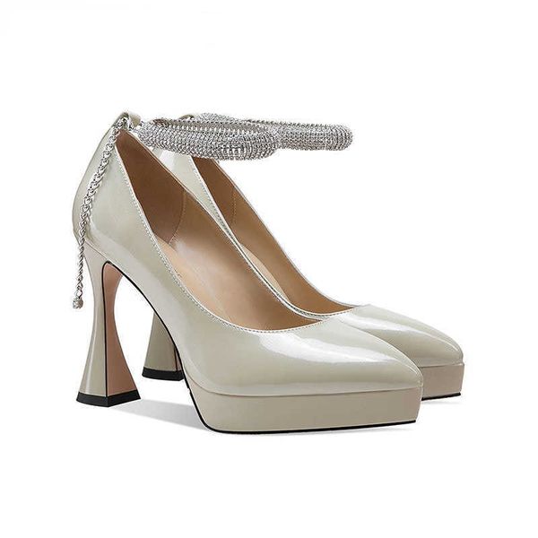 

dress shoes 2022 new women platform pumps high heels spring patent leather shoes ankle strap pointed toe black apricot fashion fall g230203