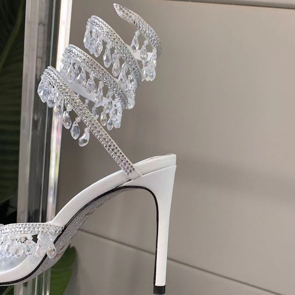 

rene crystals embellished rhinestone heels sandals rene caovilla cleo 95mm designers ankle wraparound women high heeled sandal flower rhines, Black
