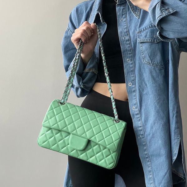 

cc bags luxury brand shoulder bags french womens classic double flap lambskin bags apple green early spring purse silver metal matelasse cha