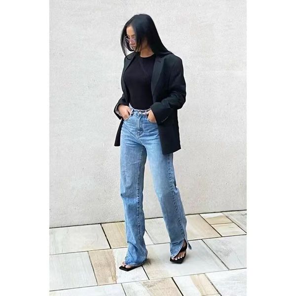 

mid wash straight leg side split hem jeans, Blue