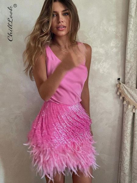 

skirts fringe feather vest skirt set women summer solid tank sheath hip package mini skirts female party club tassel outfits 230203, Black