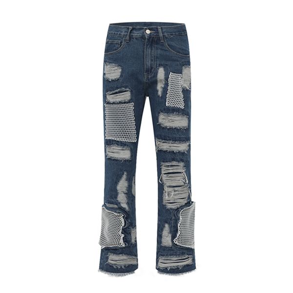 

high street ripped patchwork men's jeans pants vintage frayed loose straight denim trousers unisex, Black;brown