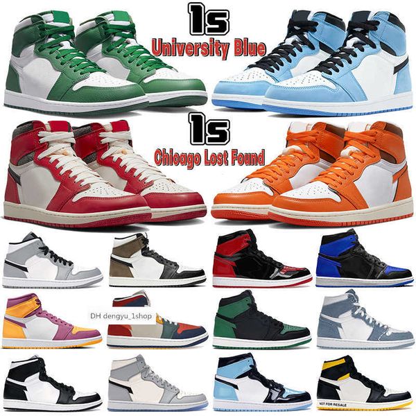 

jumpman 1 1s mens basketball shoes chicago lost found university blue light smoke grey bred patent dark mocha og denim barely rose air shoe, Black