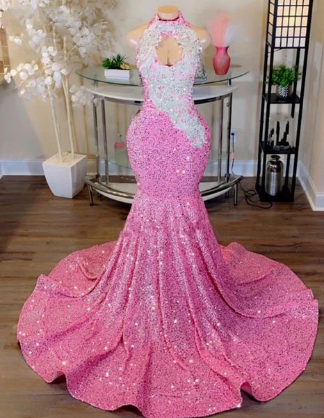 

luxury long prom dresses 2023 mermaid sparkly pink sequin black girls crystals evening formal gala party gowns robe de soiree269l