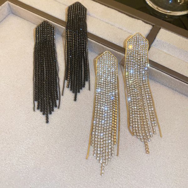 

charm fyuan long tassel drop earrings for women gold color black rhinestones dangle earrings fashion jewelry, Golden