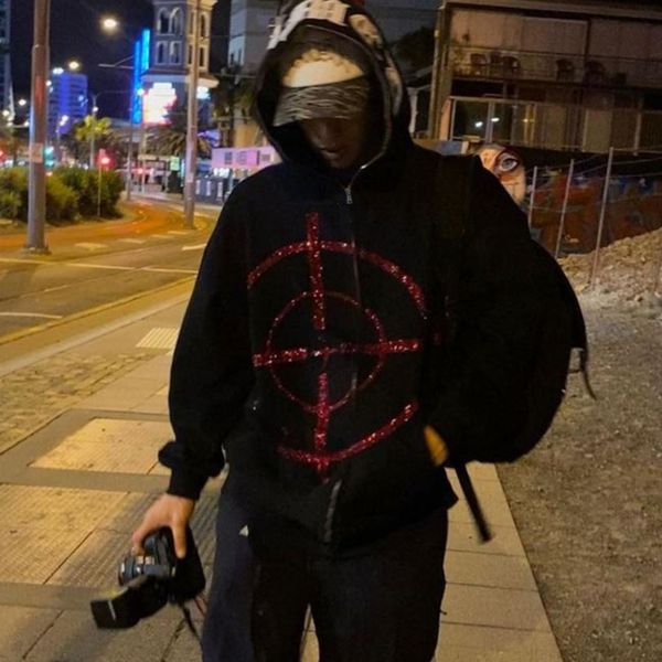 

mens jackets men hip hop streetwear hooded archery target print oversized zip up harajuku punk grunge couple hoodie y2k clothes 230203, Black;brown