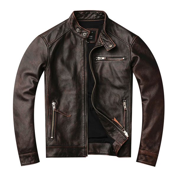 

motorcycle leather jacket fashion jackets vintage coats stand collar brown slim fit outerwear biker bomber overcoat plus size 4xl 5xl, Black